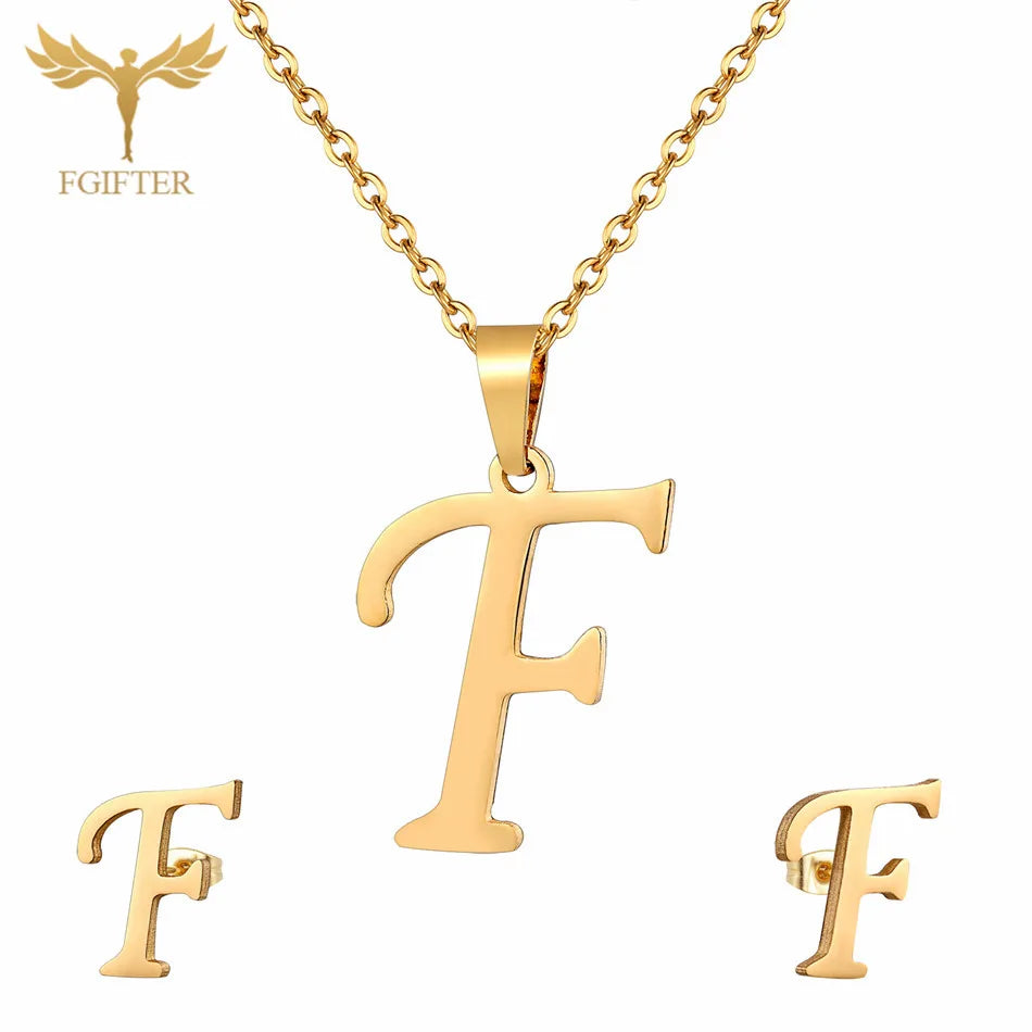 ABCD 26 Letter Pendent Necklace Stud Earrings Gold Color Stainless Steel Jewelry Set For Women Girls Fashion Jewelry Accessory