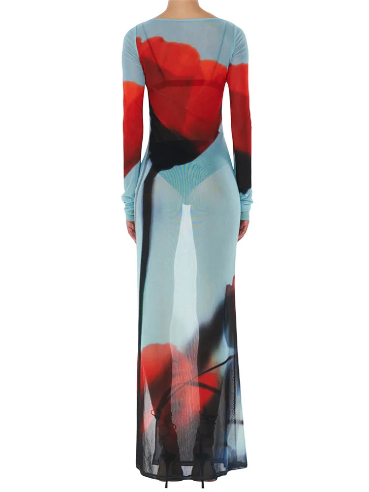 Women’s Sheer Mesh Flower Long Dress Long Sleeve Boat Neck Boydcon Split Midi Dress Summer Fall Cover-up Dress for Beach Club