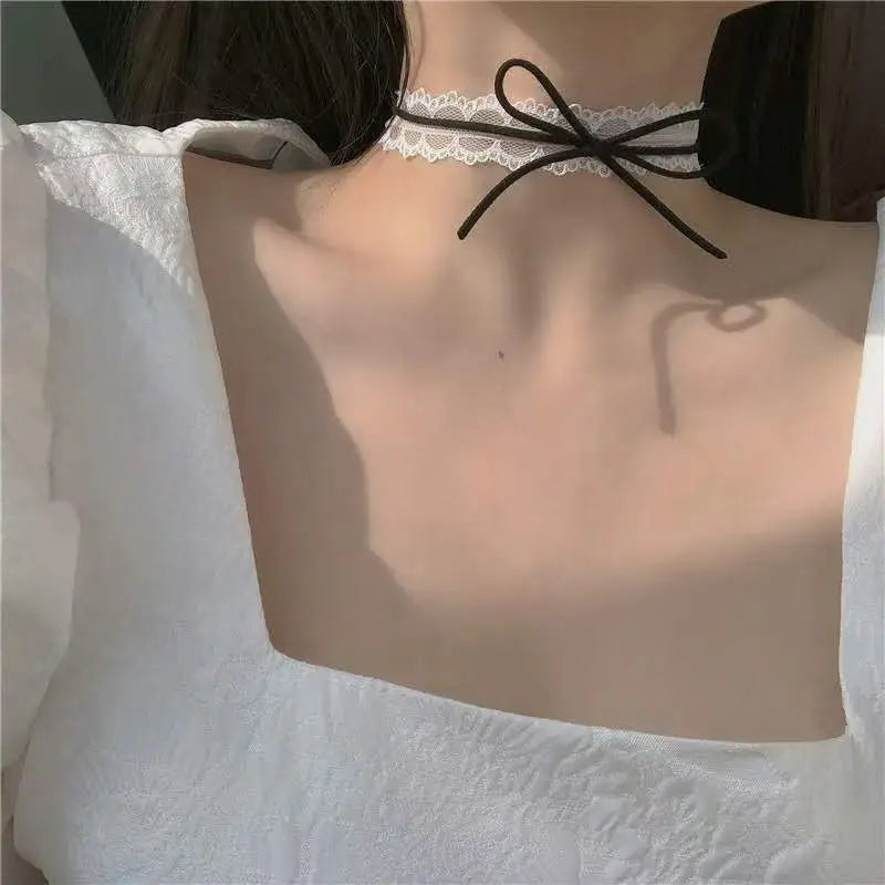 Fashion Choker Necklace For Women Sexy Black White Lace Stretch Strip Pendant Short Clavicle Gothic Necklace Aesthetic Jewelry