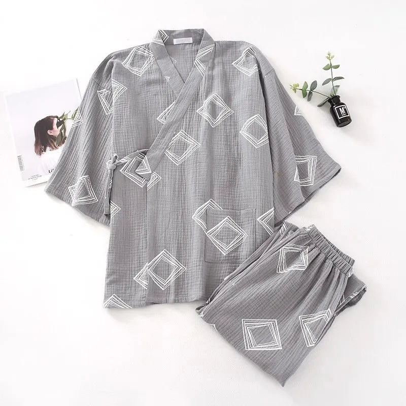 New Japanese-style Kimono Two-piece Couple Pajamas Cotton Gauze Sleepwear Woman Summer Homewear Loose Thin Robes Nightgown