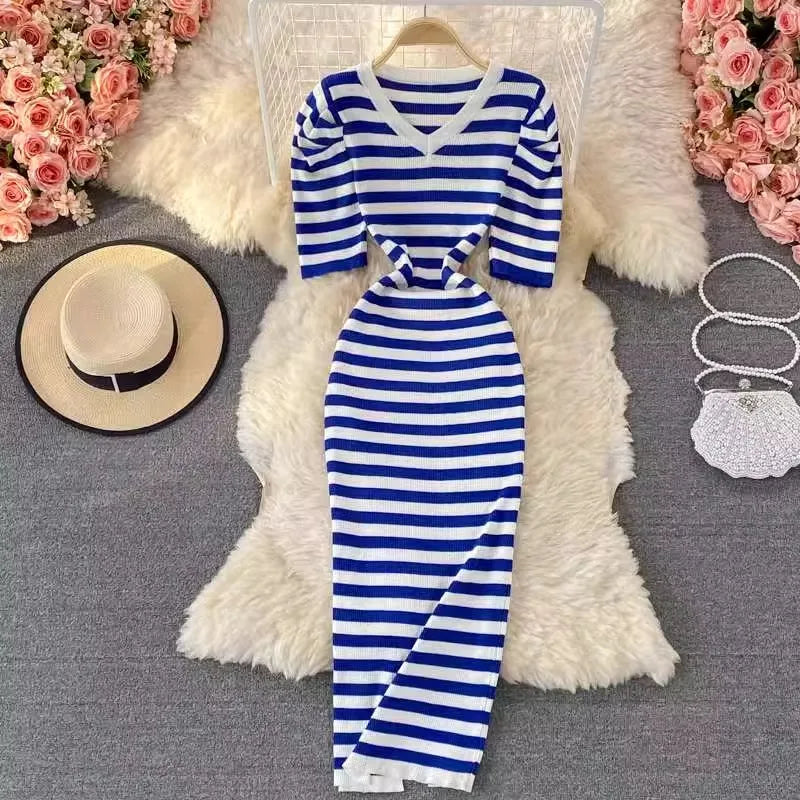 YuooMuoo Women Dress 2024 Summer Casual All Match Puff Sleeve Stripes Knitted Long Dress Female Bodycon Outfits Vestidos
