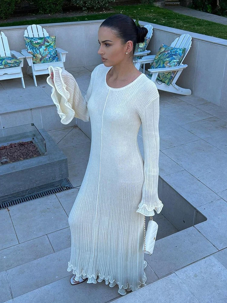 Backless Ruffles Pleated Long Dress Women Winter Fashion White Flare Sleeve Elegant Party Robes Streetwear Knitted Maxi Dresses