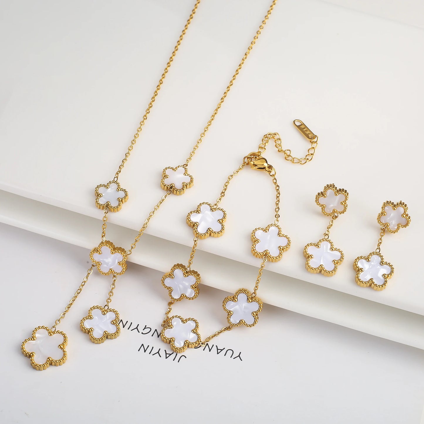 Stainless Steel Hot Sale Five Leaf Flower Gold Color Clover Jewelry Set Bracelet Necklace Earrings High Quality Luxury Jewelry