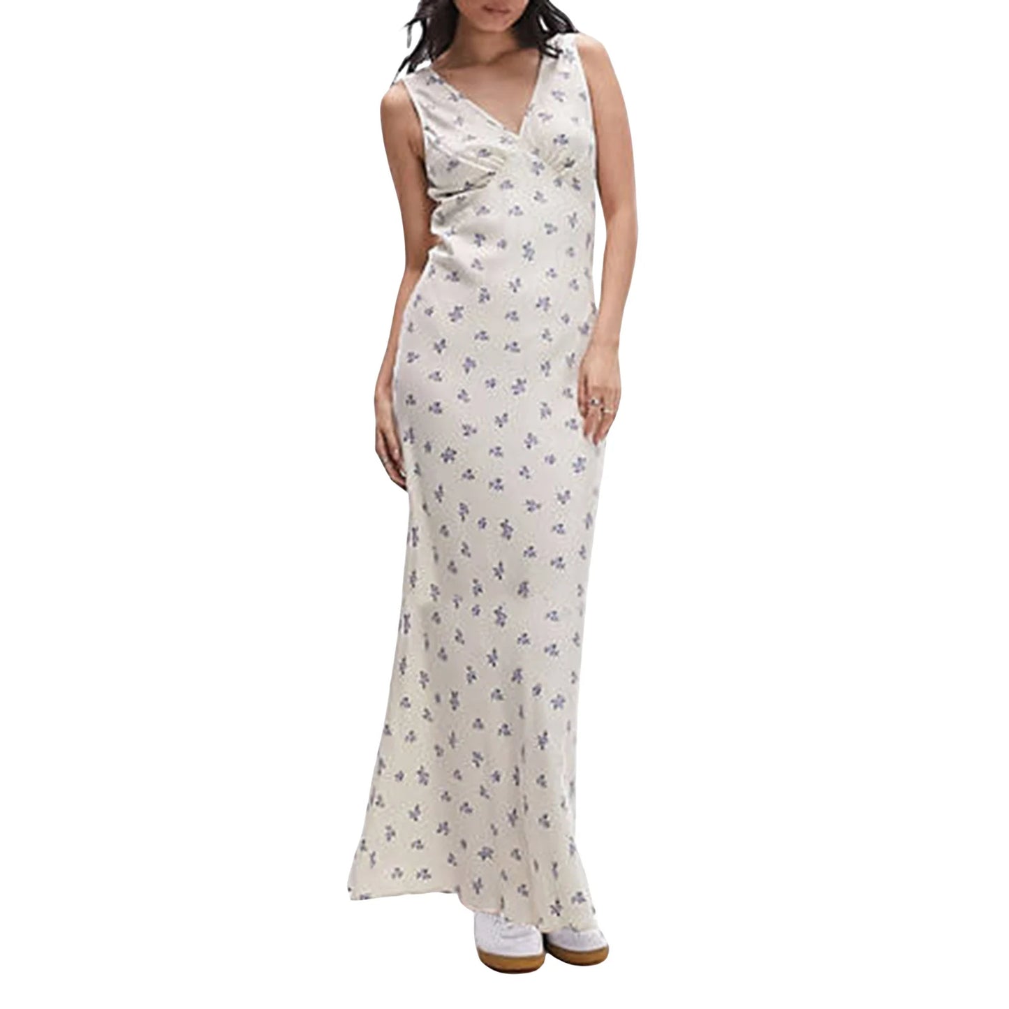 Women's Long Slim Tank Dress Summer Sleeveless Open Back Deep V Neck Floral Print Dresses Casual Elegant Long Dress