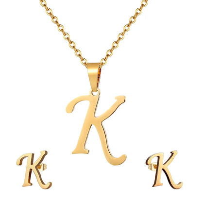 ABCD 26 Letter Pendent Necklace Stud Earrings Gold Color Stainless Steel Jewelry Set For Women Girls Fashion Jewelry Accessory