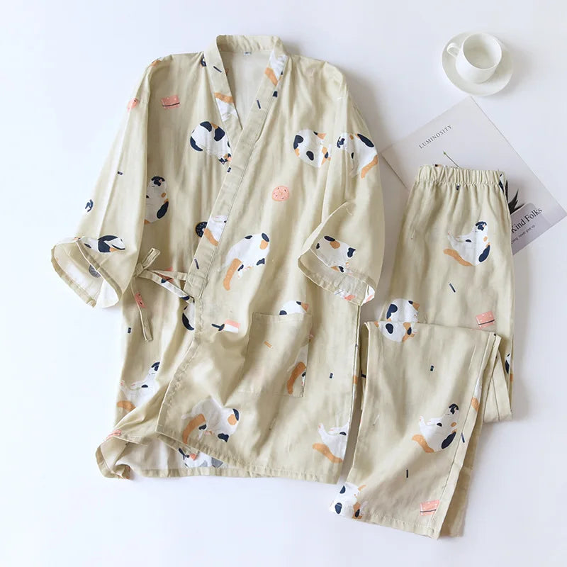 2PCS Japanese Lover Clothing Set Kawaii Cat Printed Kimono Yukata Steaming Wear Pajamas Man Woman Bathrobe Nightgown Japan