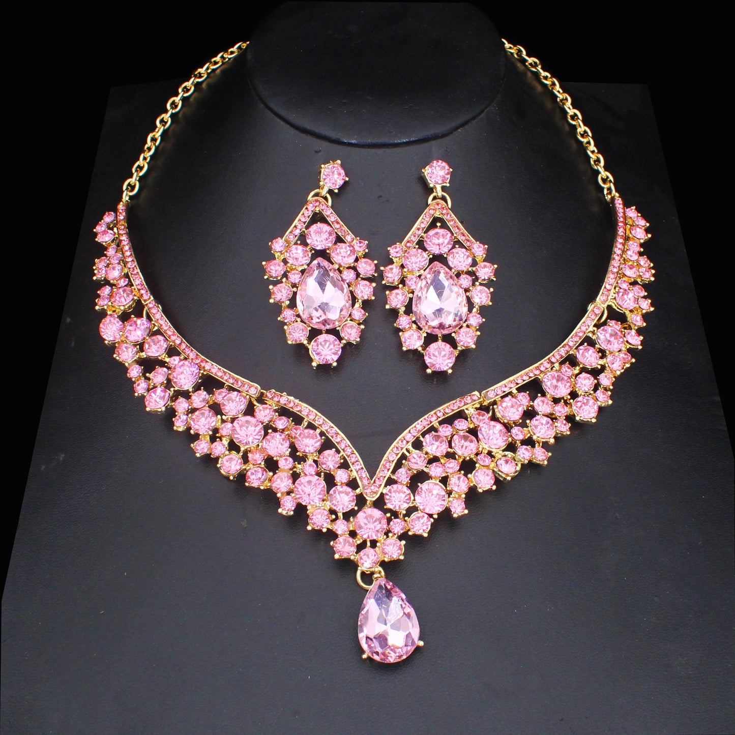 Pink Crystal Bridal Jewelry Sets For Women Girl Princess Tiara/Crown Earring Necklace Wedding Pageant Prom Jewelry Accessories