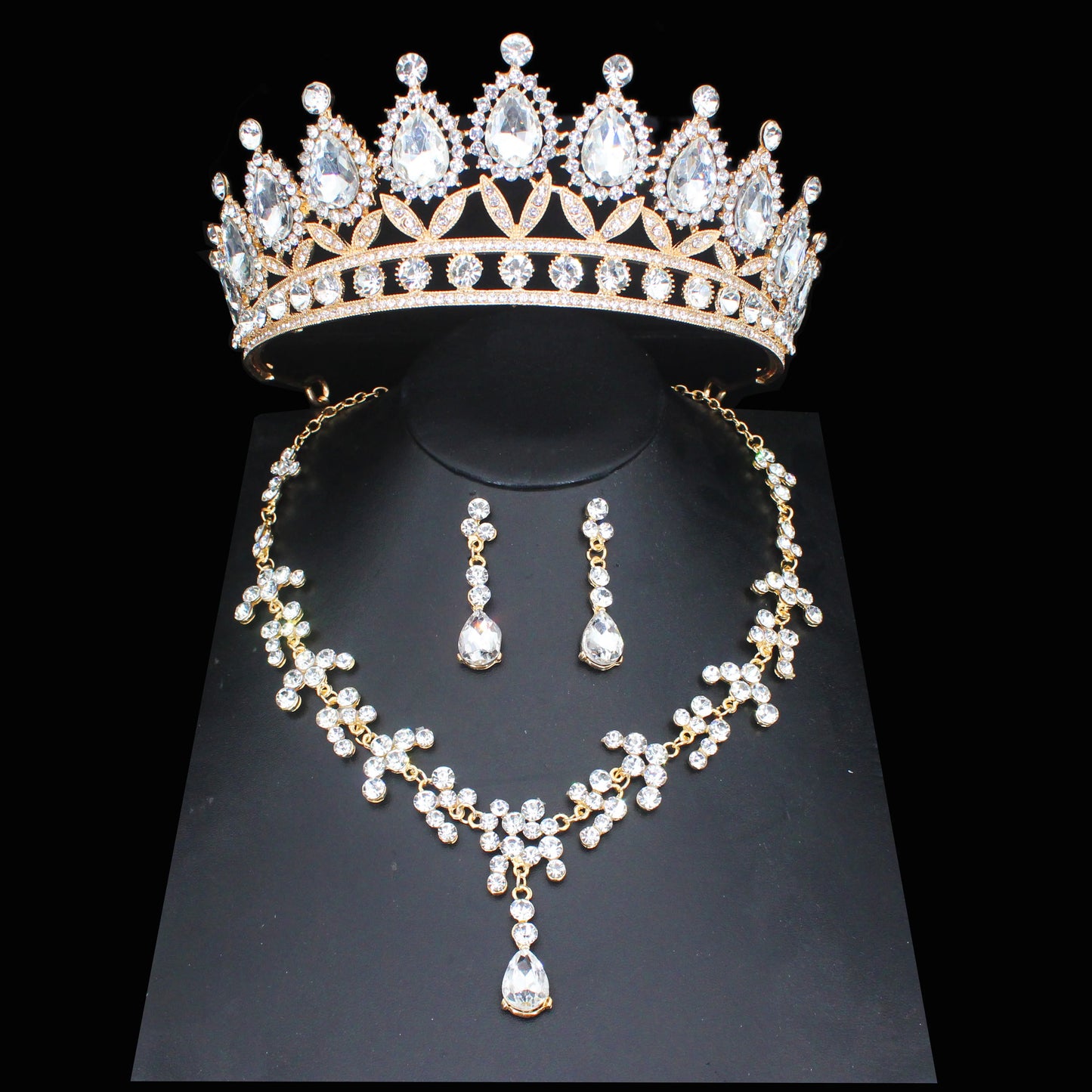 Pink Crystal Bridal Jewelry Sets For Women Girl Princess Tiara/Crown Earring Necklace Wedding Pageant Prom Jewelry Accessories