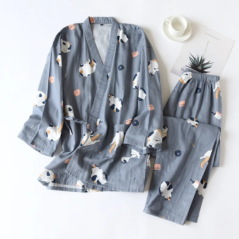 2PCS Japanese Lover Clothing Set Kawaii Cat Printed Kimono Yukata Steaming Wear Pajamas Man Woman Bathrobe Nightgown Japan