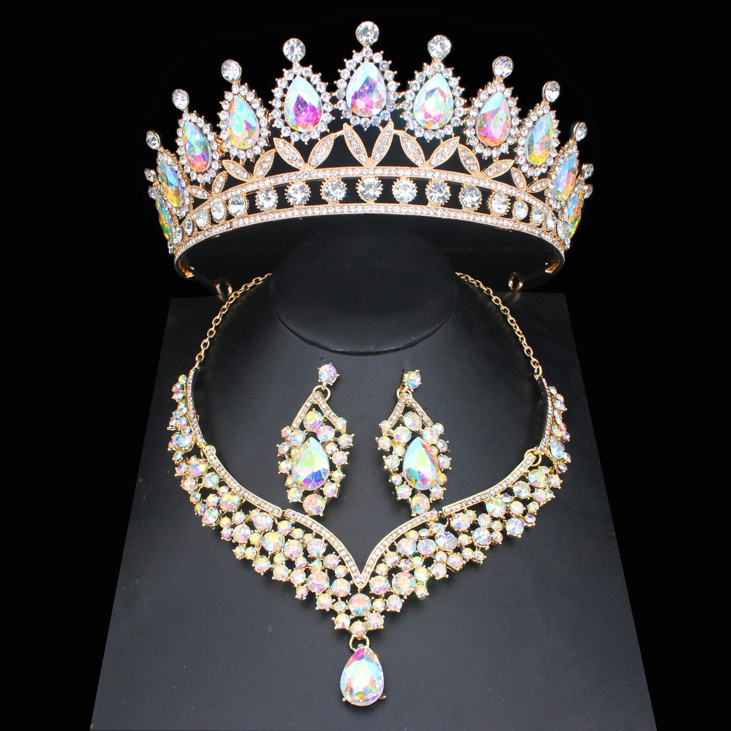 Pink Crystal Bridal Jewelry Sets For Women Girl Princess Tiara/Crown Earring Necklace Wedding Pageant Prom Jewelry Accessories
