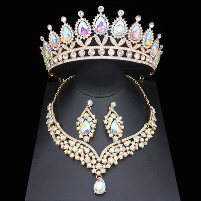 Pink Crystal Bridal Jewelry Sets For Women Girl Princess Tiara/Crown Earring Necklace Wedding Pageant Prom Jewelry Accessories