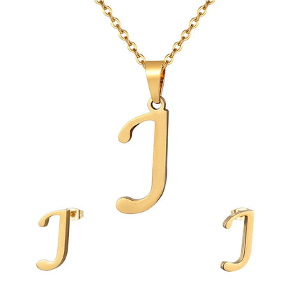 ABCD 26 Letter Pendent Necklace Stud Earrings Gold Color Stainless Steel Jewelry Set For Women Girls Fashion Jewelry Accessory