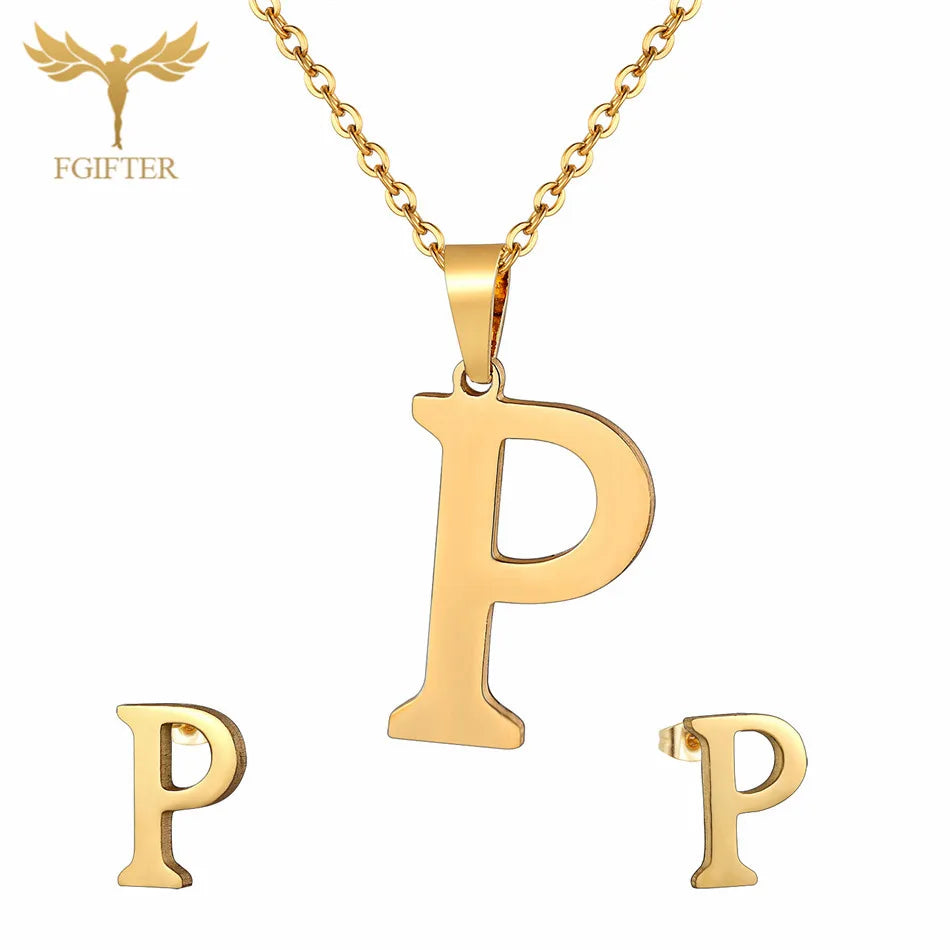 ABCD 26 Letter Pendent Necklace Stud Earrings Gold Color Stainless Steel Jewelry Set For Women Girls Fashion Jewelry Accessory