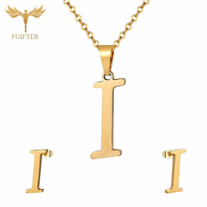 ABCD 26 Letter Pendent Necklace Stud Earrings Gold Color Stainless Steel Jewelry Set For Women Girls Fashion Jewelry Accessory