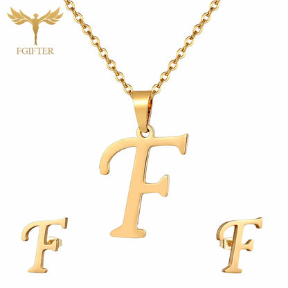 ABCD 26 Letter Pendent Necklace Stud Earrings Gold Color Stainless Steel Jewelry Set For Women Girls Fashion Jewelry Accessory