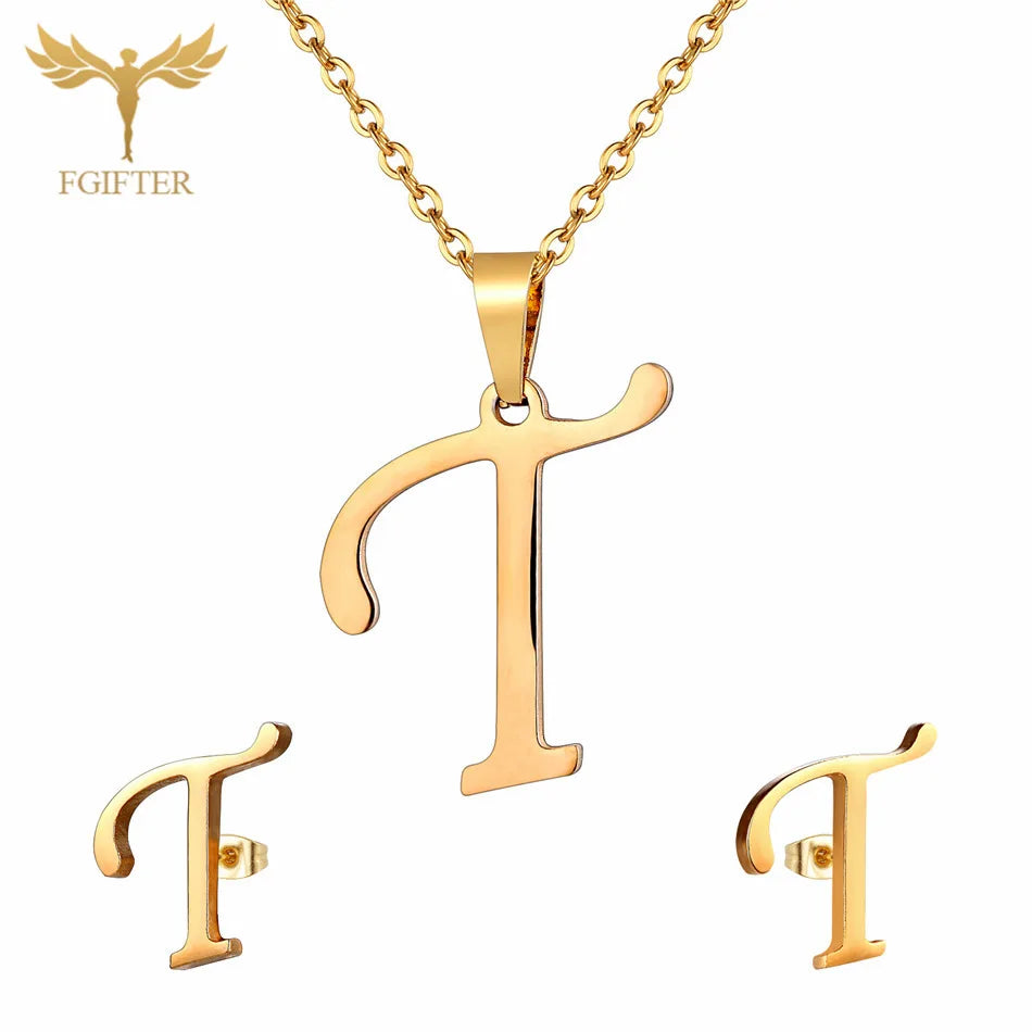 ABCD 26 Letter Pendent Necklace Stud Earrings Gold Color Stainless Steel Jewelry Set For Women Girls Fashion Jewelry Accessory