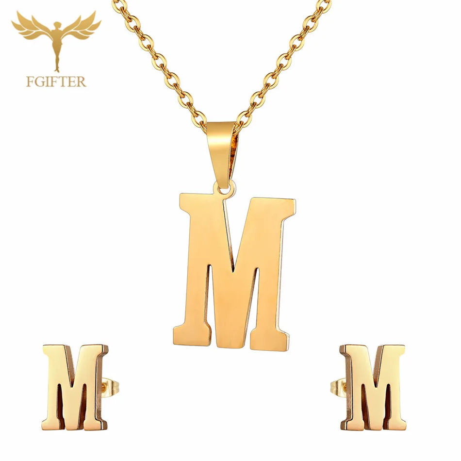 ABCD 26 Letter Pendent Necklace Stud Earrings Gold Color Stainless Steel Jewelry Set For Women Girls Fashion Jewelry Accessory