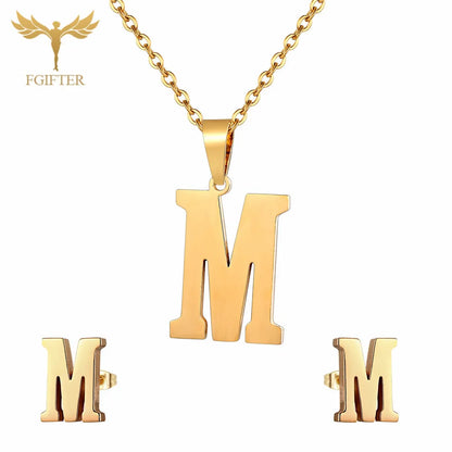 ABCD 26 Letter Pendent Necklace Stud Earrings Gold Color Stainless Steel Jewelry Set For Women Girls Fashion Jewelry Accessory
