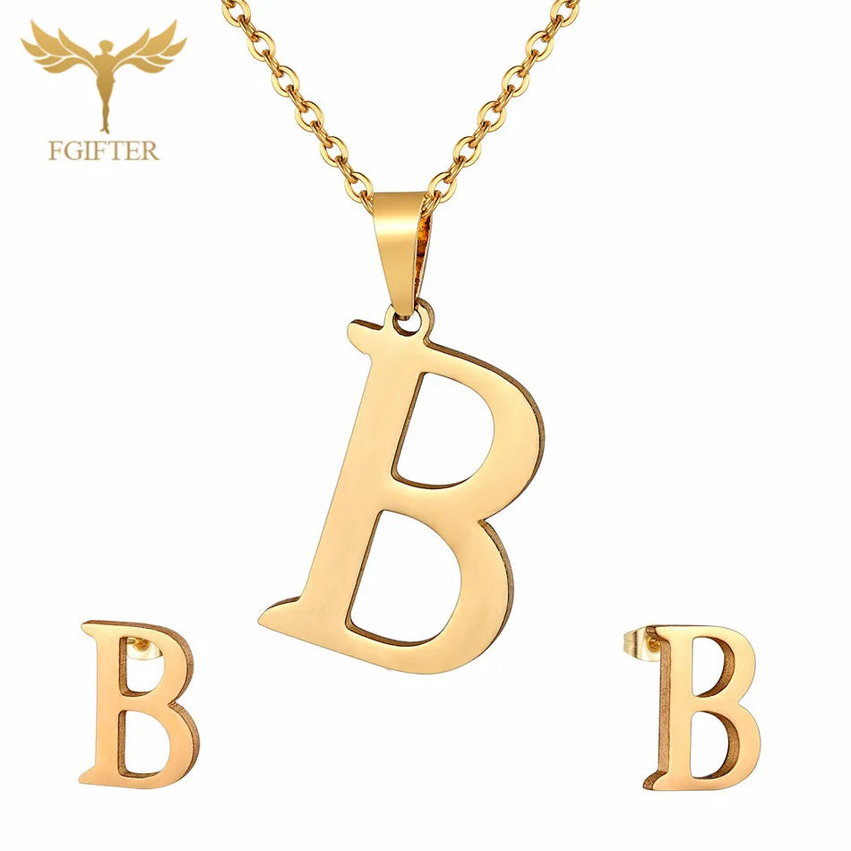 ABCD 26 Letter Pendent Necklace Stud Earrings Gold Color Stainless Steel Jewelry Set For Women Girls Fashion Jewelry Accessory