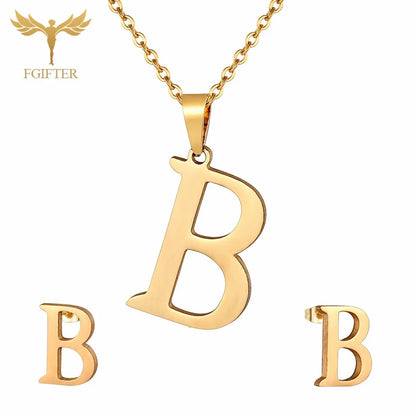 ABCD 26 Letter Pendent Necklace Stud Earrings Gold Color Stainless Steel Jewelry Set For Women Girls Fashion Jewelry Accessory
