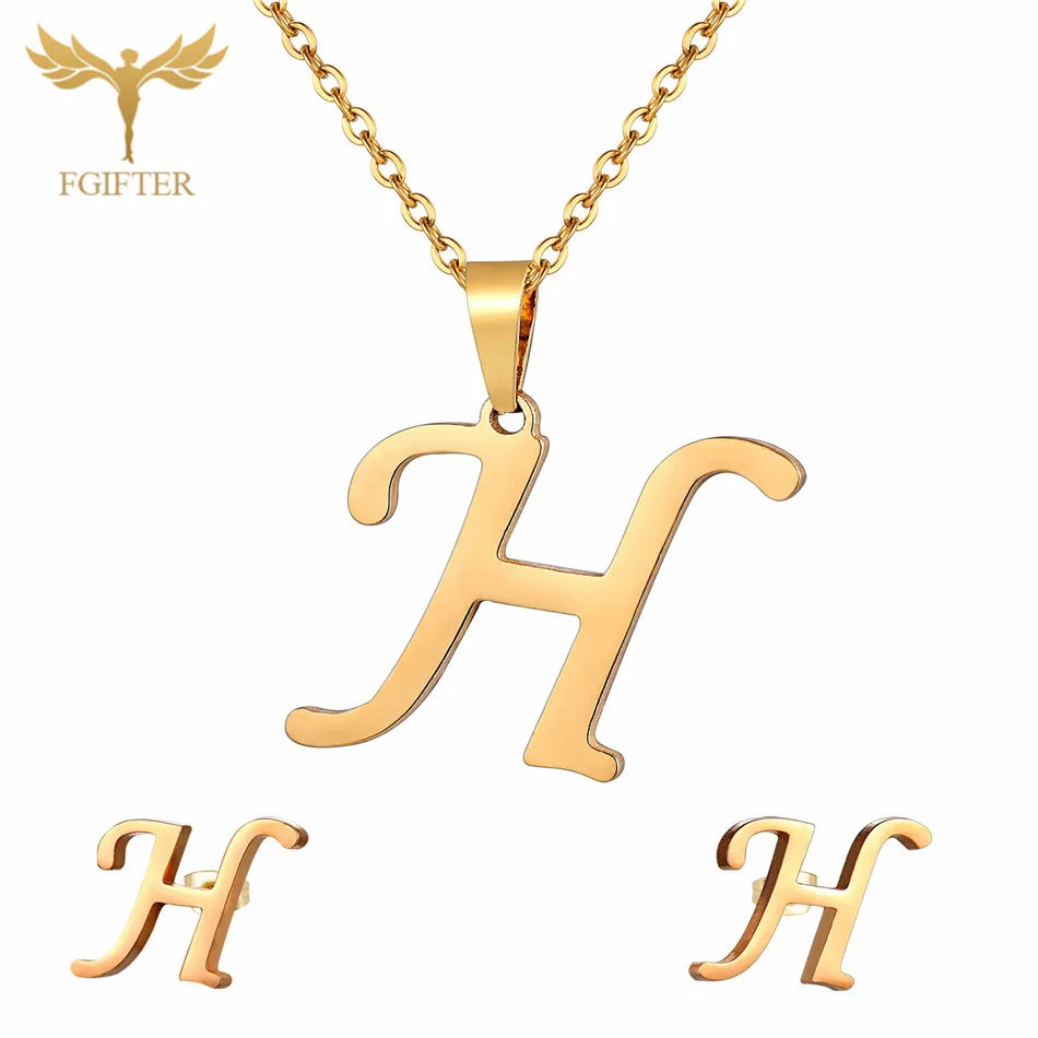 ABCD 26 Letter Pendent Necklace Stud Earrings Gold Color Stainless Steel Jewelry Set For Women Girls Fashion Jewelry Accessory