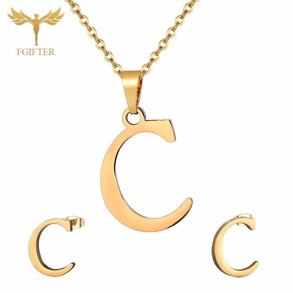 ABCD 26 Letter Pendent Necklace Stud Earrings Gold Color Stainless Steel Jewelry Set For Women Girls Fashion Jewelry Accessory