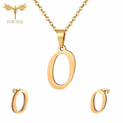 ABCD 26 Letter Pendent Necklace Stud Earrings Gold Color Stainless Steel Jewelry Set For Women Girls Fashion Jewelry Accessory