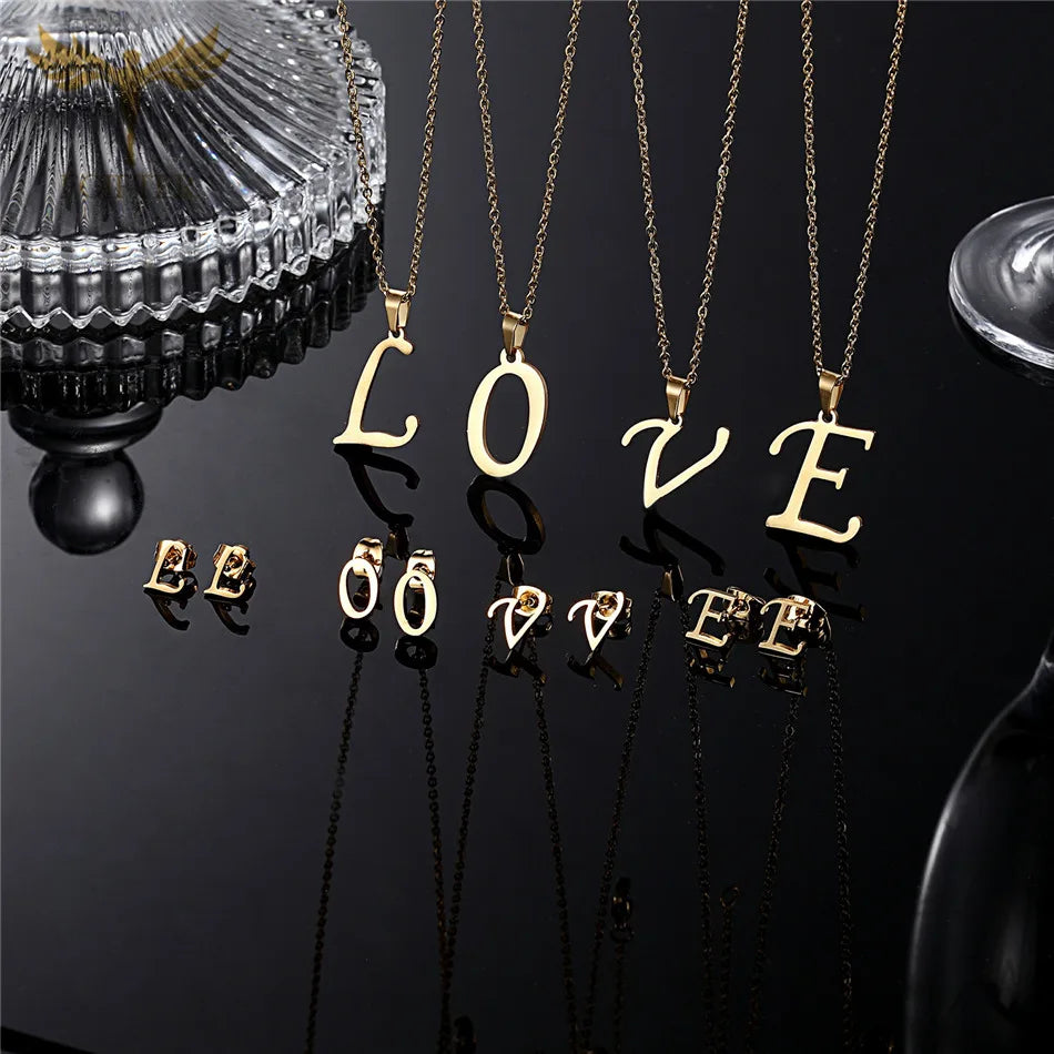 ABCD 26 Letter Pendent Necklace Stud Earrings Gold Color Stainless Steel Jewelry Set For Women Girls Fashion Jewelry Accessory