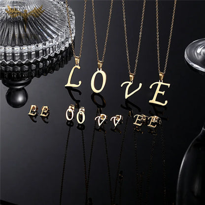 ABCD 26 Letter Pendent Necklace Stud Earrings Gold Color Stainless Steel Jewelry Set For Women Girls Fashion Jewelry Accessory