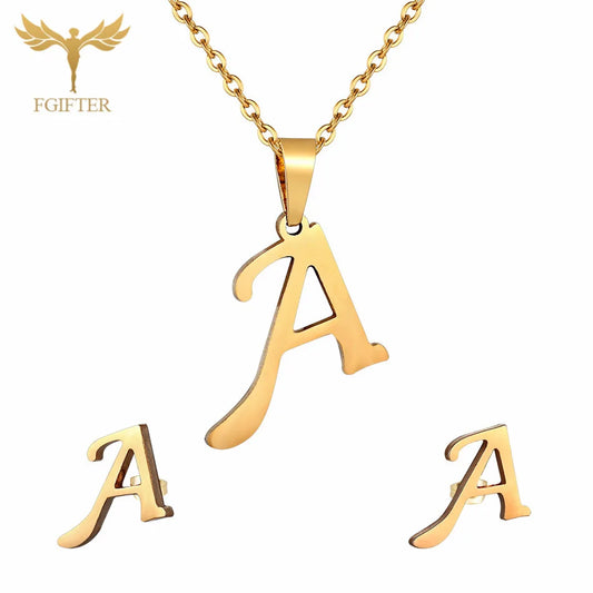 ABCD 26 Letter Pendent Necklace Stud Earrings Gold Color Stainless Steel Jewelry Set For Women Girls Fashion Jewelry Accessory