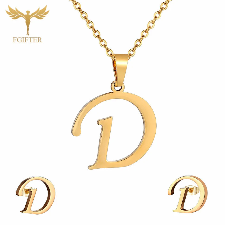 ABCD 26 Letter Pendent Necklace Stud Earrings Gold Color Stainless Steel Jewelry Set For Women Girls Fashion Jewelry Accessory