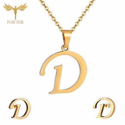 ABCD 26 Letter Pendent Necklace Stud Earrings Gold Color Stainless Steel Jewelry Set For Women Girls Fashion Jewelry Accessory