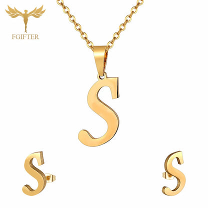 ABCD 26 Letter Pendent Necklace Stud Earrings Gold Color Stainless Steel Jewelry Set For Women Girls Fashion Jewelry Accessory