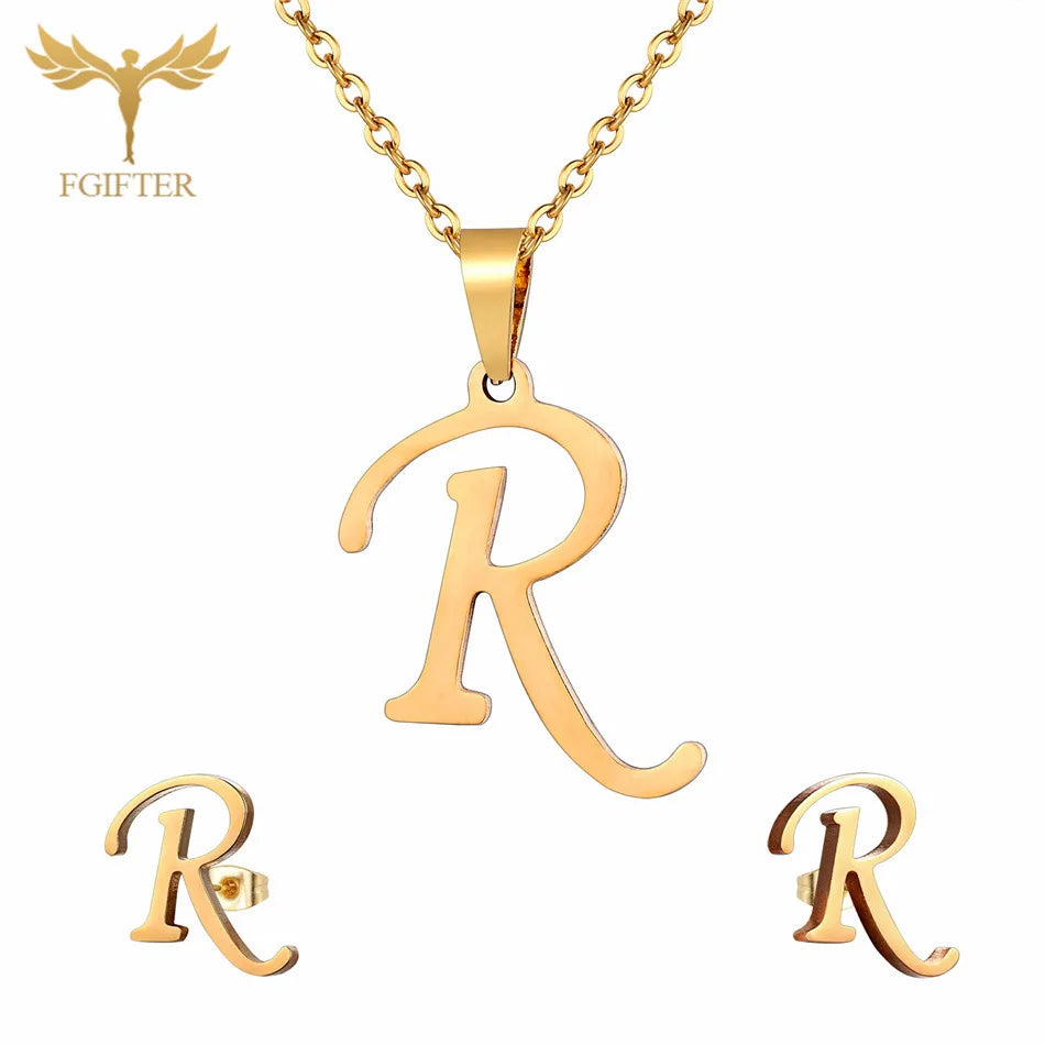 ABCD 26 Letter Pendent Necklace Stud Earrings Gold Color Stainless Steel Jewelry Set For Women Girls Fashion Jewelry Accessory