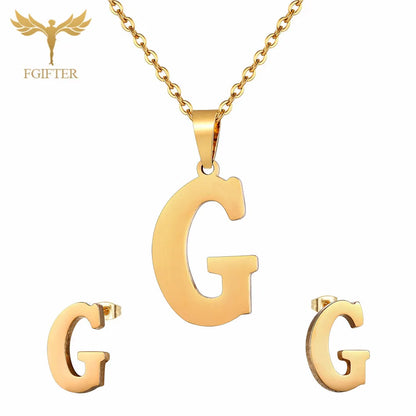 ABCD 26 Letter Pendent Necklace Stud Earrings Gold Color Stainless Steel Jewelry Set For Women Girls Fashion Jewelry Accessory