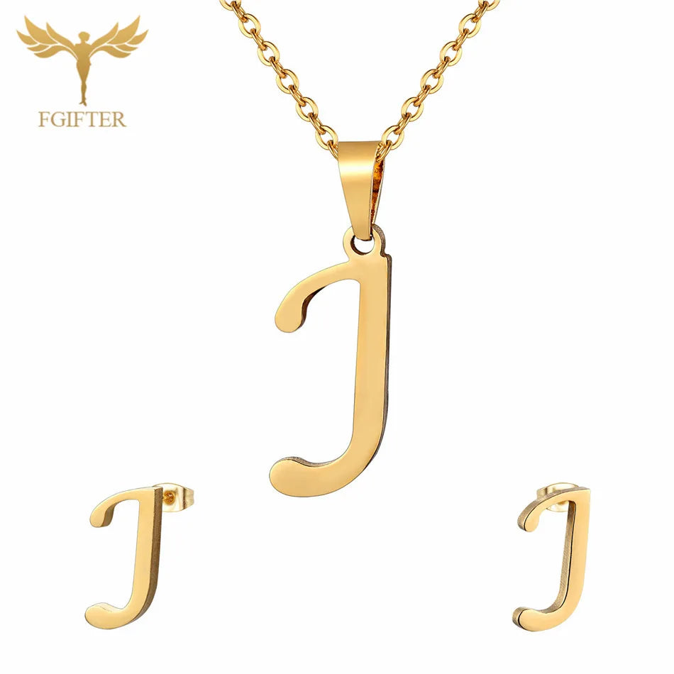 ABCD 26 Letter Pendent Necklace Stud Earrings Gold Color Stainless Steel Jewelry Set For Women Girls Fashion Jewelry Accessory