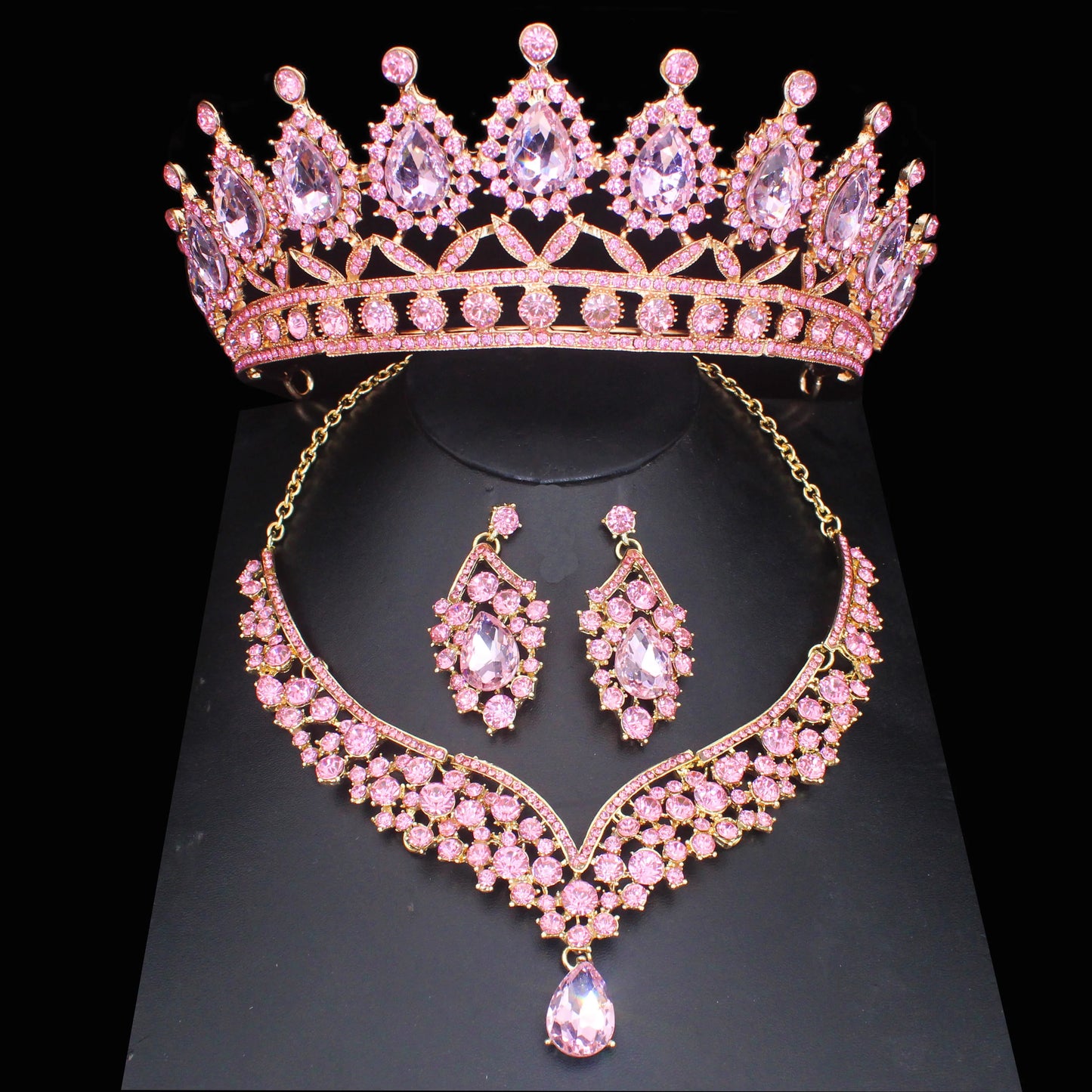 Pink Crystal Bridal Jewelry Sets For Women Girl Princess Tiara/Crown Earring Necklace Wedding Pageant Prom Jewelry Accessories