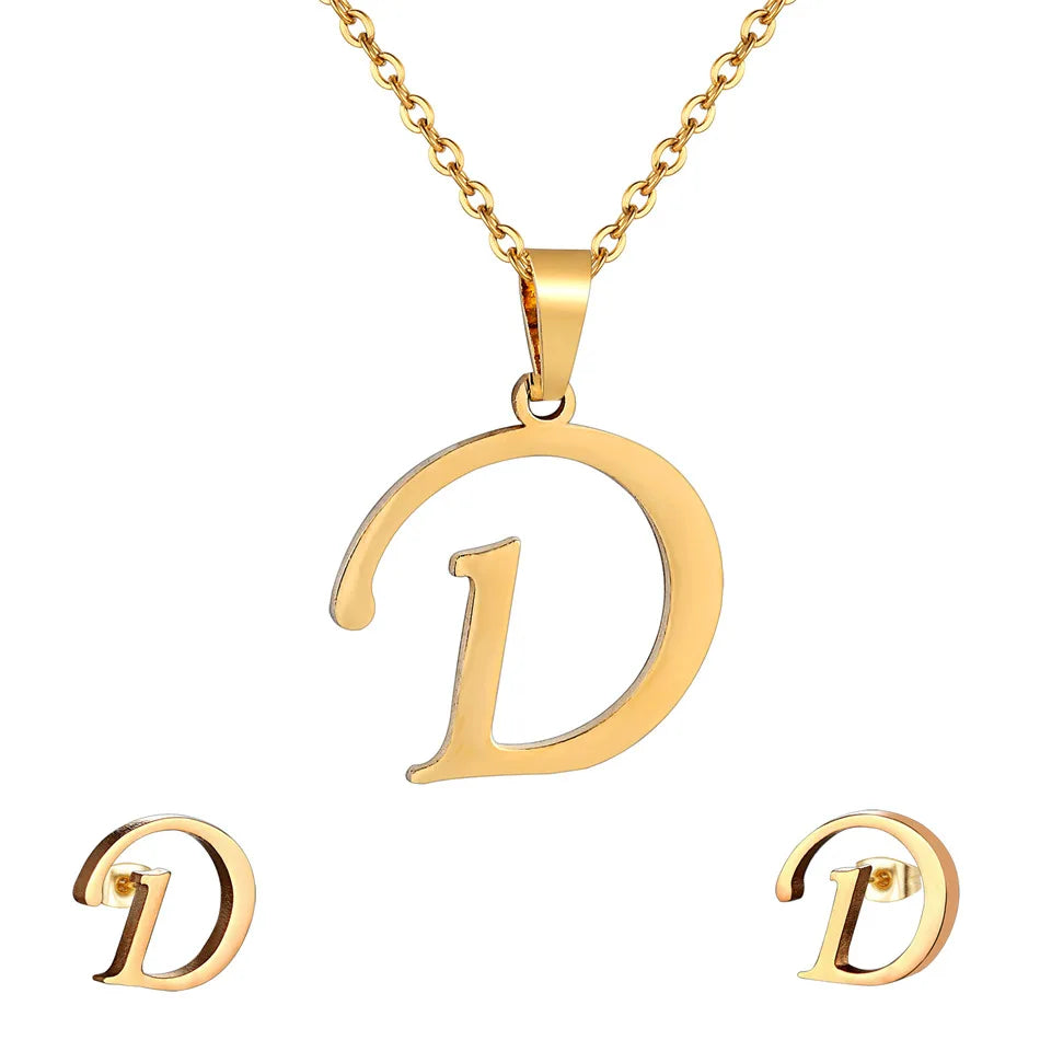 ABCD 26 Letter Pendent Necklace Stud Earrings Gold Color Stainless Steel Jewelry Set For Women Girls Fashion Jewelry Accessory