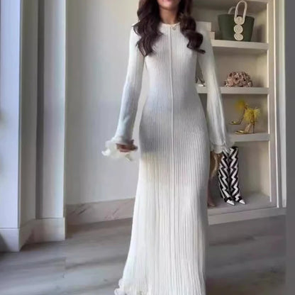 Backless Ruffles Pleated Long Dress Women Winter Fashion White Flare Sleeve Elegant Party Robes Streetwear Knitted Maxi Dresses