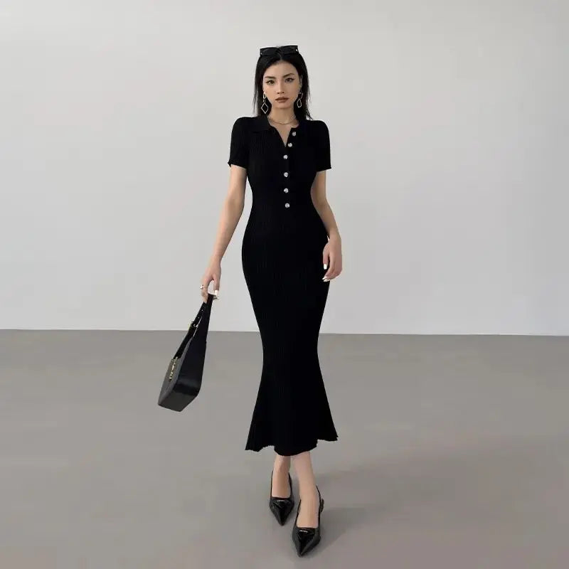 OCEANLOVE Mermaid Ruffles Dresses for Women Knitted Solid Single Breasted Sexy Vestidos Mujer Fashion Spring Summer Long Dress