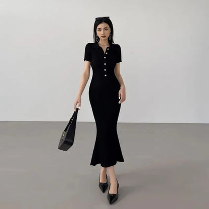 OCEANLOVE Mermaid Ruffles Dresses for Women Knitted Solid Single Breasted Sexy Vestidos Mujer Fashion Spring Summer Long Dress