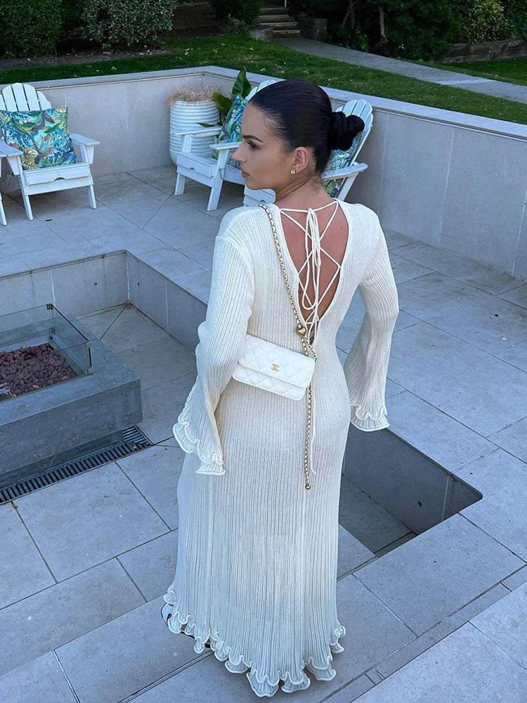 Backless Ruffles Pleated Long Dress Women Winter Fashion White Flare Sleeve Elegant Party Robes Streetwear Knitted Maxi Dresses