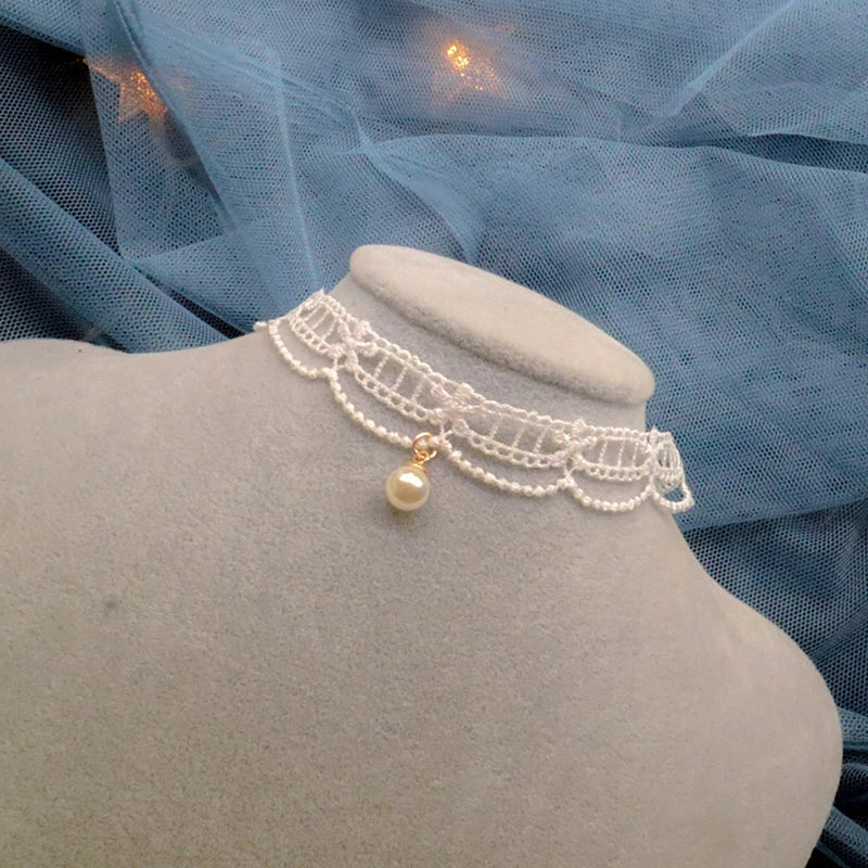 Choker Necklace For Women Elegant White Lace Velvet Stretch Strip Flower Star Pendant Short Clavicle Necklace Aesthetic Jewelry