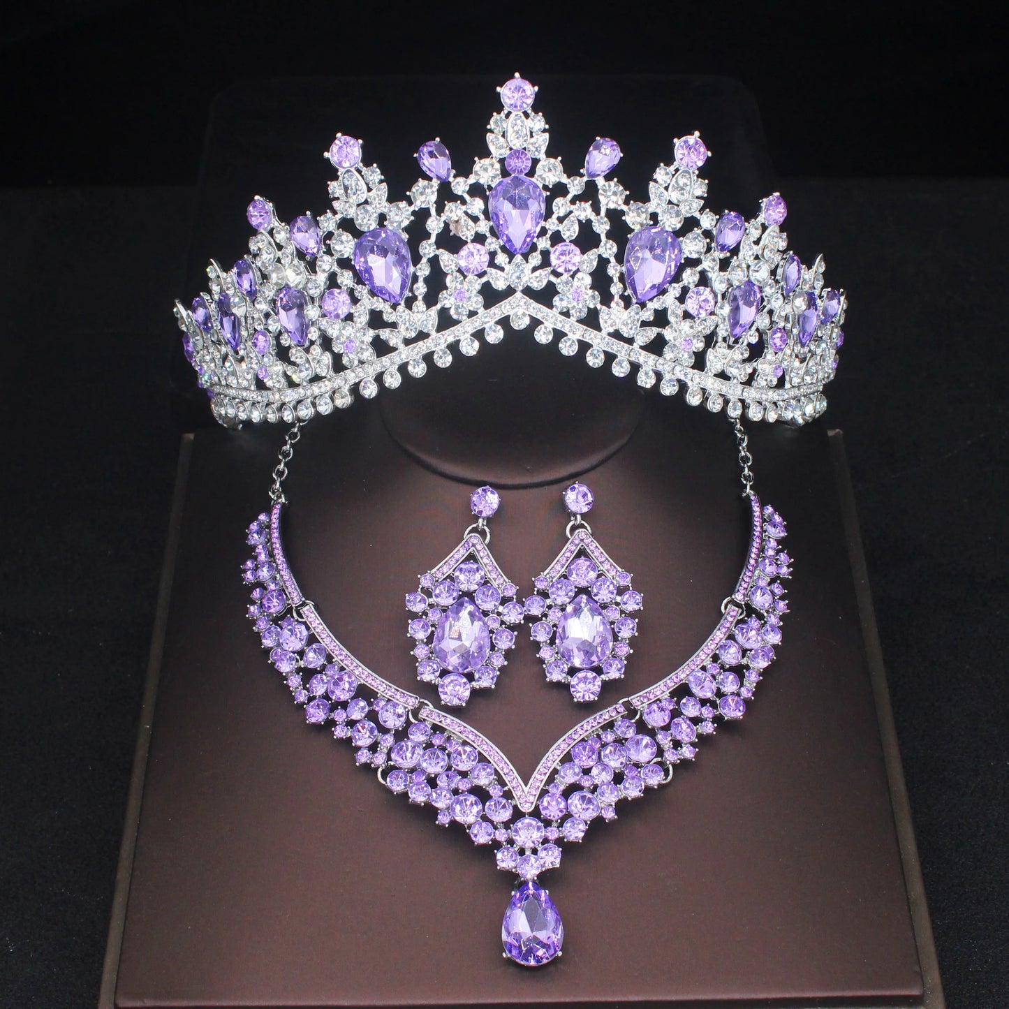 Pink Crystal Bridal Jewelry Sets For Women Girl Princess Tiara/Crown Earring Necklace Wedding Pageant Prom Jewelry Accessories