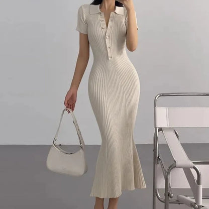 OCEANLOVE Mermaid Ruffles Dresses for Women Knitted Solid Single Breasted Sexy Vestidos Mujer Fashion Spring Summer Long Dress
