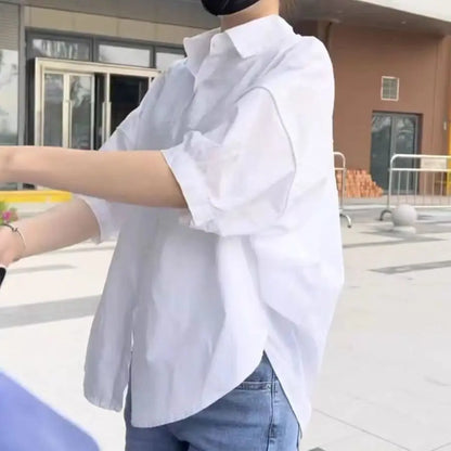 Cotton Mid-sleeve Thin Woman Blous Shir 2025 Summer New Loose Fashion Irregular Shirt Casual Vacation Top Korean Women's Clothes