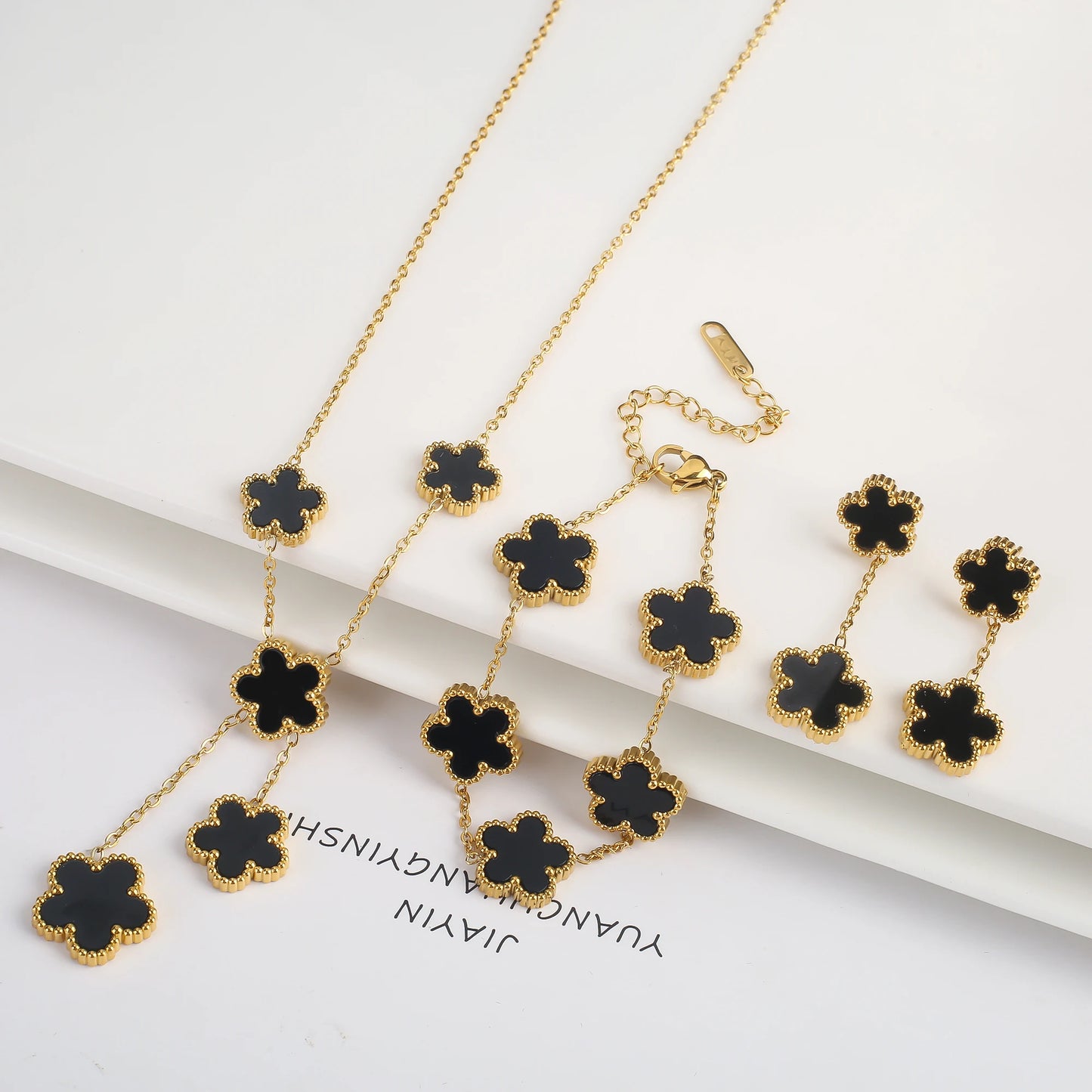 Stainless Steel Hot Sale Five Leaf Flower Gold Color Clover Jewelry Set Bracelet Necklace Earrings High Quality Luxury  Jewelry