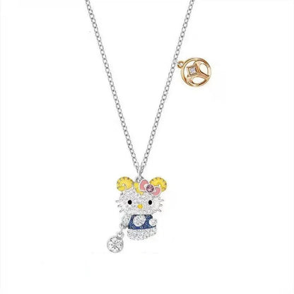 Sanrio Hello Kitty Necklace Anime Character Pink Peach Heart Crystal Cat Push-Pull Bracelet Pendant Couple Decoration Girl Gift
