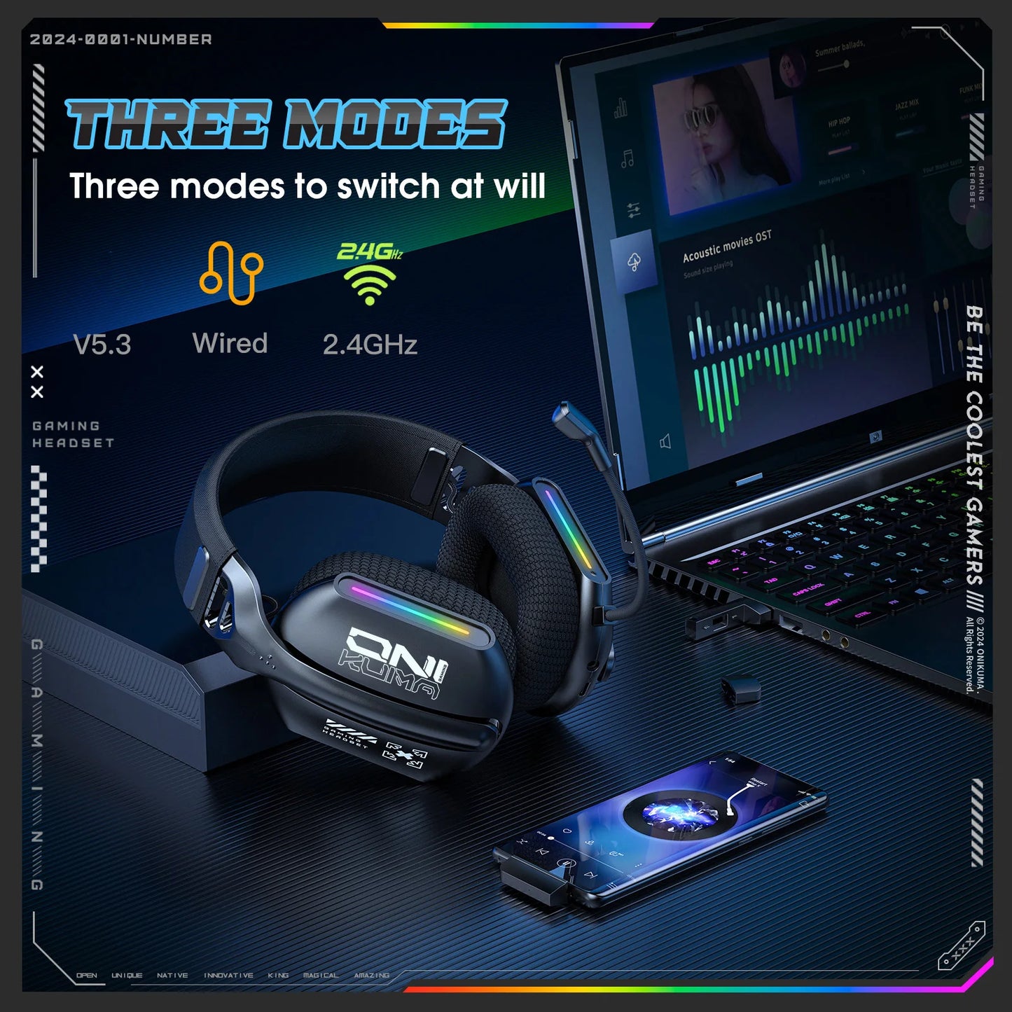 ONIKUMA GT808 Tri-mode Gaming Headset RGB Lighting 2.4G Wireless Gaming PC Wired Desktop with Headset   Ultra Long Life