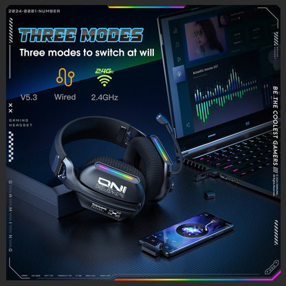 ONIKUMA GT808 Tri-mode Gaming Headset RGB Lighting 2.4G Wireless Gaming PC Wired Desktop with Headset   Ultra Long Life